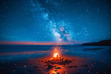 Wall Mural - Bonfire burning on the beach under the milky way