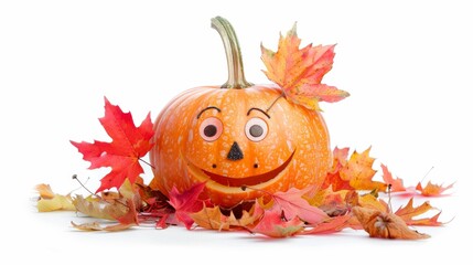 Wall Mural - A cute Halloween pumpkin with colorful autumn on white background. 