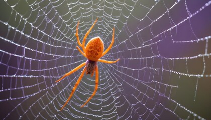 A close-up of an orange spider positioned in the center of a delicate, intricate web.