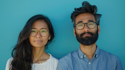 Young Asian Couple Wearing Glasses Posing Against Blue Background