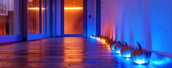 Wall Mural - A contemporary hallway with a sequence of LED-lit pumpkins along the floor