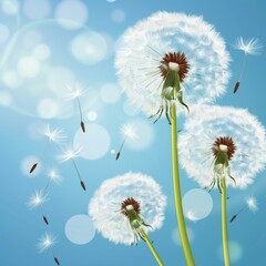 Wall Mural - Dandelion seeds floating in air on serene blue backdrop with delicate bokeh effects