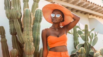 Wall Mural - A woman wearing an orange top and hat stands in front of a cactus