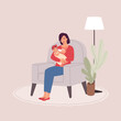 © simplehappyart - Smiling Mother On A Couch Feeding Her Baby Girl With A Bottle Of Milk.
