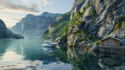 Wall Mural - A yacht resting in the calm waters of a fjord with a wooden hut on the steep shoreline.