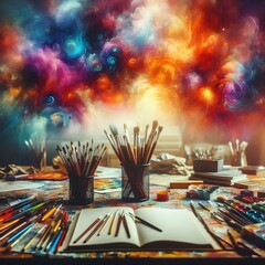 Wall Mural - on the blurred art office table brimming with an array of vividly colored brushes takes center stage