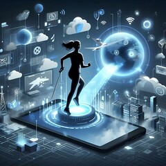 Wall Mural - Internet of things concept, illustration of a person stepping from reality into a digital world.