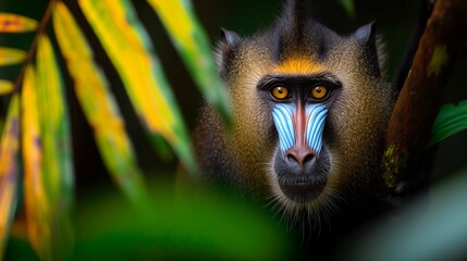 Wall Mural - A monkey with a blue and yellow face is looking at the camera. The image has a natural and peaceful feel to it, as the monkey is in its natural habitat