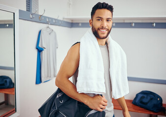 Poster - Happy man, portrait and fitness with towel in locker room for shower, hygiene or break after workout at gym. Young male person with smile or bag for sport, exercise or wellness at indoor health club