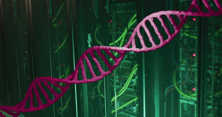 Sticker - Image of pink dna strand moving over dark computer servers