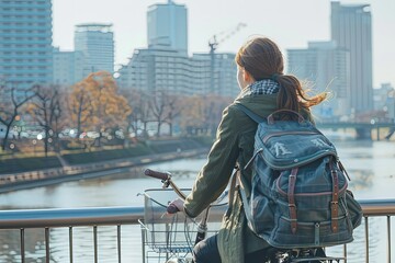 Wall Mural - a woman with a backpack riding a bike