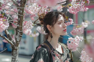 Wall Mural - a woman standing in front of a tree with pink flowers