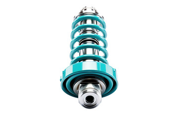 A Teal and Silver Automotive Shock Absorber Isolated on a White Background on a Clear PNG or White Background.