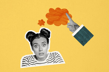 Sticker - Composite collage picture image of frightened nervous young female thinking cloud hand pressure bizarre unusual fantasy billboard comics