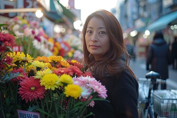 Canvas Print - a woman standing next to a bunch of flowers