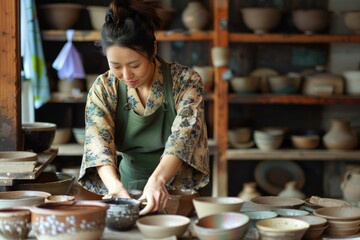 Sticker - a woman working on pottery in a pottery shop