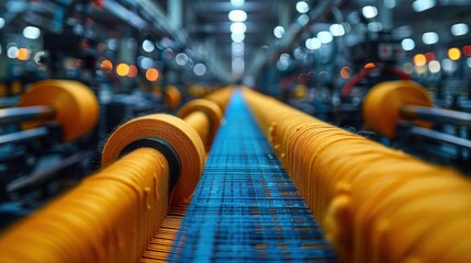 Close-up view of a textile manufacturing machine in action, showcasing rows of vibrant threads in a modern industrial environment.