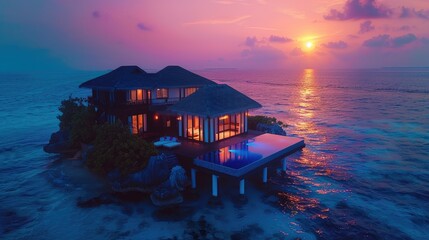 Wall Mural - luxurious overwater villa at sunset, featuring an infinity pool and stunning ocean views, perfect fo