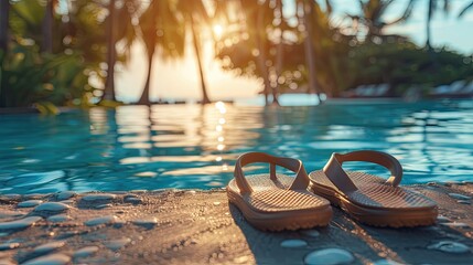 Wall Mural - pair of flip-flops placed beside a swimming pool with sun reflecting on the water, evoking a sense o