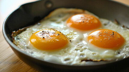 Wall Mural - Closeup fried fresh organic chicken eggs in metal pan on wooden table in kitchen, healthy cooking, protein meal preparing, delicious dish, yellow yolk and whites seasoned with salt and pepper, omelet.