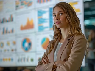 Poster - Confident Businesswoman Giving Presentation with Infographics in Professional Setting