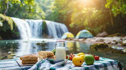 Summer background with waterfalls and camping tent and sun light , two glasses of milk with bakery's