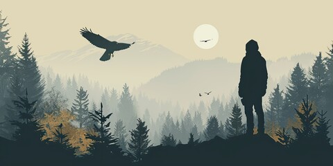 Poster - Silhouette of a Traveler in a Tranquil Forest Scene