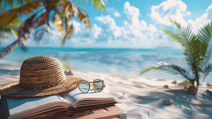 Wall Mural - dyllic summer escape: beach view with book and accessories. Serene beach scene with a straw hat, sunglasses and an open book, evoking the relaxation of a tropical summer vacation