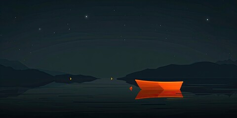 Poster - Serene Night Scene with Orange Boat on Calm Water