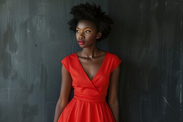 Wall Mural - a woman in a red dress standing in front of a wall