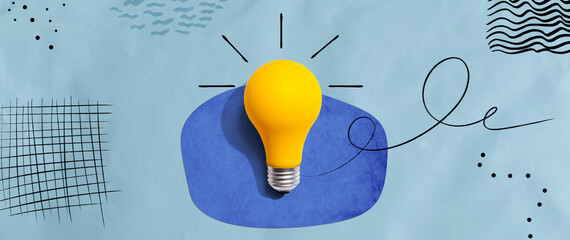 Poster - Yellow light bulb with handwritten sketch - flat lay