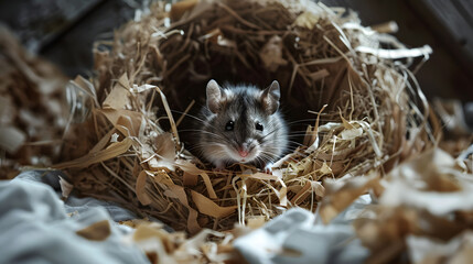 Closeup of a mouse's nest made from shredded paper and fabric in a corner of an attic