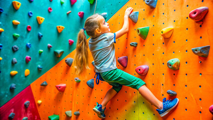 Little girl climbing a colorful artificial rock wall in an indoor climbing gym, demonstrating strength, determination, and concentration.