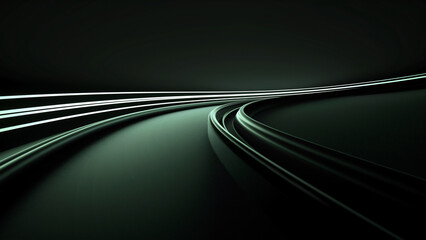 Wall Mural - Abstract background with dark green curved lines, speed and motion concept, blurred road in the foreground, black backdrop.