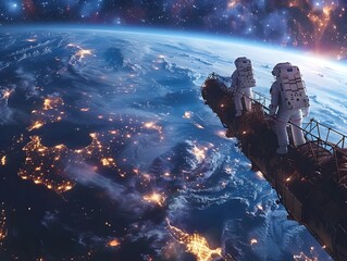 Wall Mural - futuristic space technology with astronauts working in vast cosmic backdrop