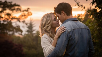 Wall Mural - A man and woman kissing each other in front of a sunset, AI