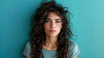 Wall Mural - Woman With Curly Hair Against a Teal Wall