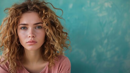 Wall Mural - Woman With Curly Hair Against Teal Wall