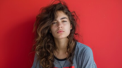 Wall Mural - Woman With Long Curly Hair in Front of Red Wall