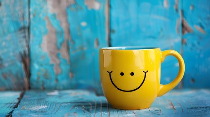 A Cheerful Smiley Face Mug on a Vibrant Blue