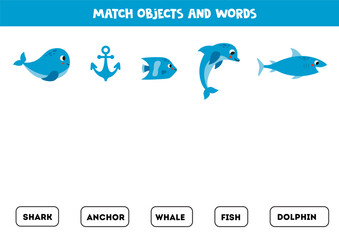 Wall Mural - Match blue objects with written words. worksheet for kids.