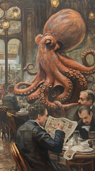 Wall Mural - giant octopus serving coffee in a french paris cafe