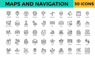 Wall Mural - Maps and Navigation icon set with traffic light, stop sign, yield sign, speed limit, road sign, street name, address, postal code, zip code, landmark icon. Simple line vector 
