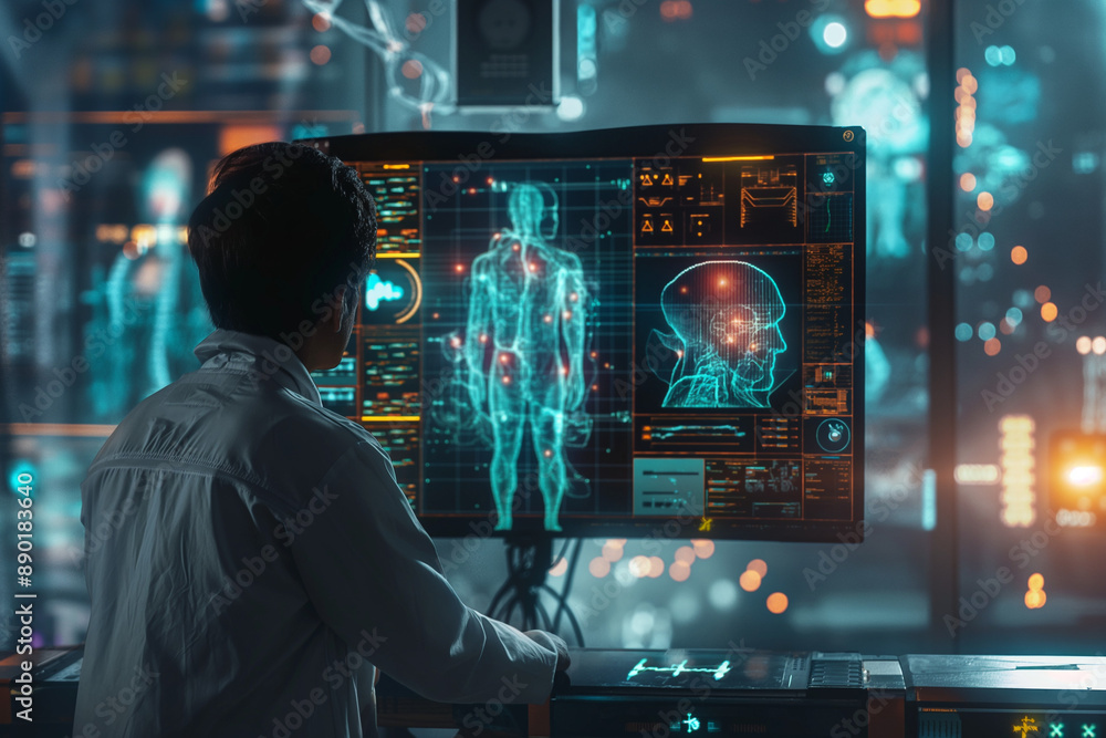 doctor looking at x ray image of human brain and body at virtual screen ...