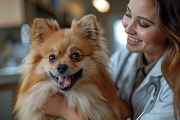 A joyful Pomeranian dog being held by a smiling veterinarian, highlighting the bond between pet and vet in a clinic setting.