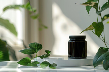 Black supplement jar displayed on white platform with green plants