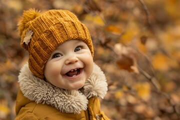 Funny baby girl wearing stylish winter jacket and beret outdoors in park. Autumn season.