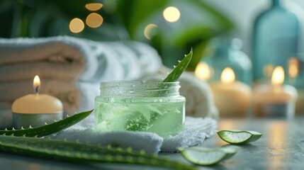 Aloe vera gel in a jar on a serene spa setting