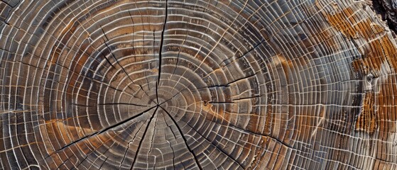 Wall Mural - Panoramic close-up, high detail scan of pine tree rings texture, Generative AI