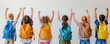 © SAIRA  BANO - Handsome school children with backpacks celebrating success in the classroom, white background, panoramic photo, real photography style, bright light
